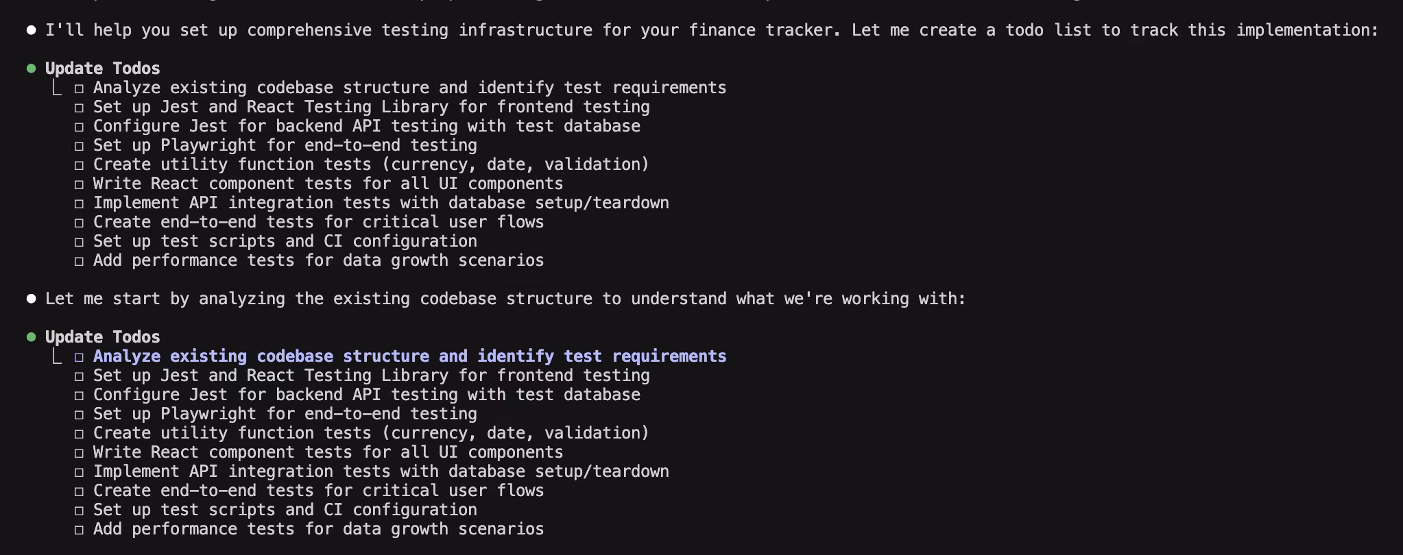 Claude Code testing output